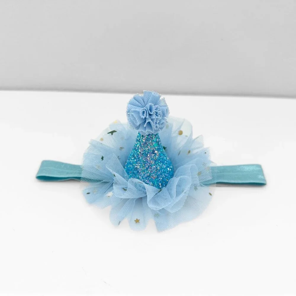 NWT Cute Princess Happy Birthday Hat Girls Hair Headband Blue & Gold Glitter